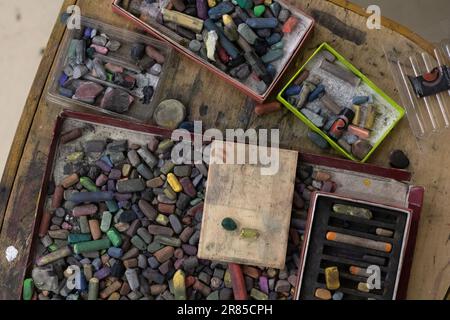 photo of used wax crayons for drawing from above Stock Photo
