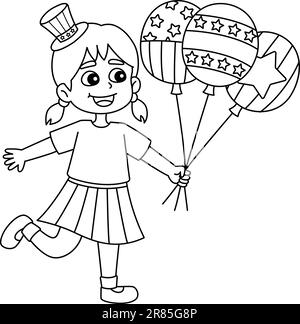 4th of July Girl Holding Balloons Isolated  Stock Vector