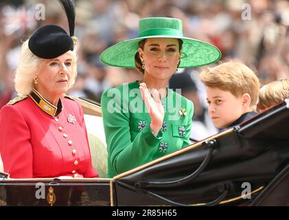 London, UK. June 17th, 2023. Queen Camilla, The Princess of Wales and Prince George travel along The Mall in a carriage at Trooping The Colour. Credit Stock Photo