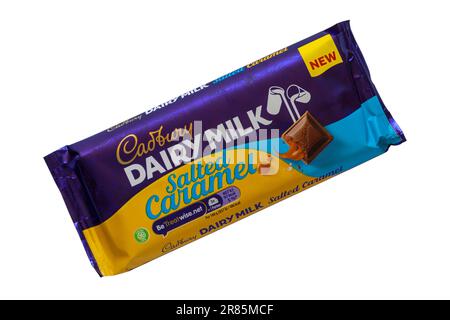 Bar of Cadbury's Dairy Milk Salted Caramel milk chocolate bar isolated on white background Stock Photo