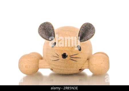 One toy wooden mouse, macro, isolated on white background. Stock Photo