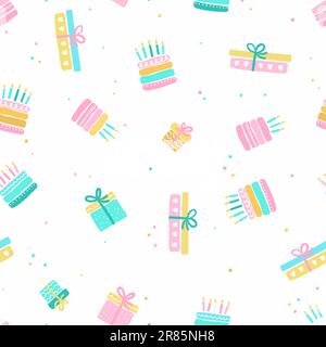 Fun hand drawn party seamless background with cakes, gift boxes, balloons and party decoration. Great for birthday parties, textiles, banners, wallpap Stock Vector