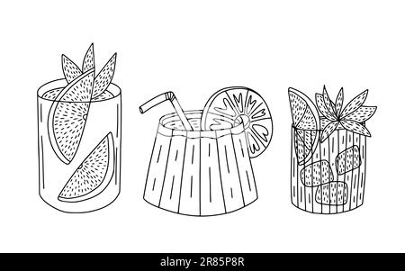 Vector alcoholic cocktail glasses sketches set Stock Vector