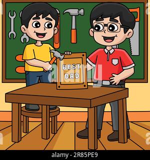 Father and Son doing a Carpentry Colored Cartoon Stock Vector