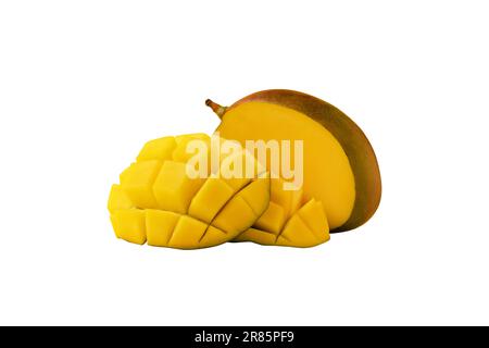 mango fruit with mango sliced cubes isolated on white background Stock Photo