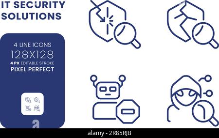 Cybersecurity solutions linear desktop icons set Stock Vector
