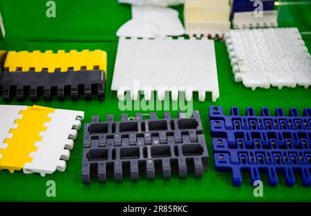 Plastic belt conveyor parts for food industry production line. Stock Photo