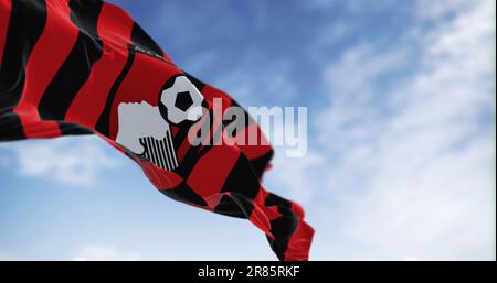 Bournemouth, UK, Oct. 2022: AFC Bournemouth flag waving. English football club based in Kings Park, Boscombe. Illustrative editorial 3d illustration r Stock Photo