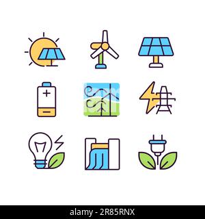 Sustainable power sources pixel perfect RGB color icons set Stock Vector