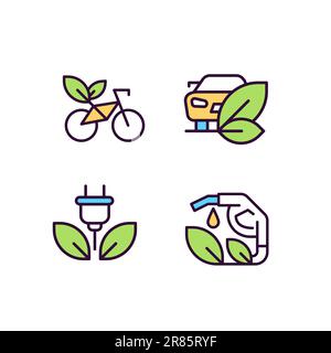 Eco friendly vehicle pixel perfect RGB color icons set Stock Vector