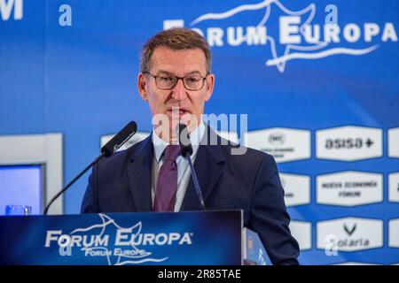 Madrid, Spain. 19th June, 2023. Alberto Núñez Feijóo, leader of the Popular Party and candidate of the Popular Party for the Presidency of the Government of Spain speaks during the informative breakfast at the Forum Europa in Madrid, which was organized by Nueva Economy Forum. Credit: SOPA Images Limited/Alamy Live News Stock Photo