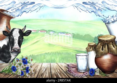 Cow and dairy products in ceramic and glassware. Against the backdrop of a rural landscape. Milk splash frame. Watercolor hand drawn illustration. For Stock Photo