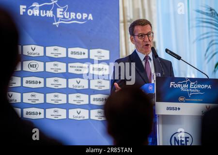 Madrid, Spain. 19th June, 2023. Alberto Núñez Feijóo, leader of the Popular Party and candidate of the Popular Party for the Presidency of the Government of Spain speaks during the informative breakfast at the Forum Europa in Madrid, which was organized by Nueva Economy Forum. Credit: SOPA Images Limited/Alamy Live News Stock Photo