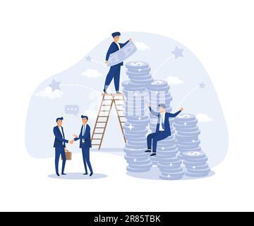 Office Business People Earn Money, Happy Co-worker Sit on Stack money coin, flat vector modern illustration Stock Vector