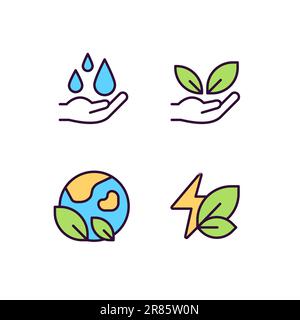 Natural sources protection pixel perfect RGB color icons set Stock Vector