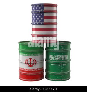 Old Oil Drums with Saudi Arabia, Iran and USA national flags. 3D Rendering Stock Photo