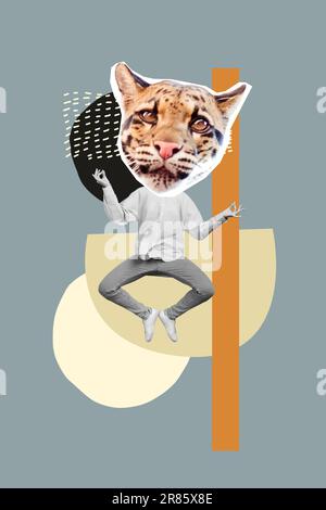 Collage photo of funny person head tiger cat jumping balance in air meditation costume masquerade party isolated on grey background Stock Photo
