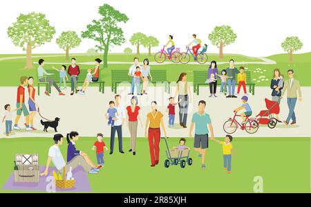 Families have a rest in the park, illustration Stock Vector