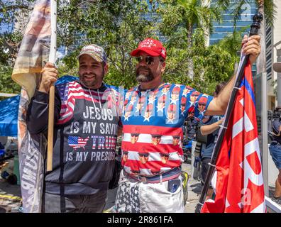 MIAMI, Fla. – June 13, 2023: Demonstrators are seen near a Miami federal courthouse on the day of an arraignment of former President Donald J. Trump. Stock Photo