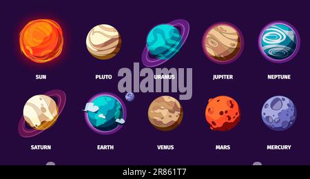 Solar system planets set. Colorful cartoon space planets, Sun Earth Moon Mars Venus Saturn, cosmic universe concept. Vector isolated collection. Study Stock Vector