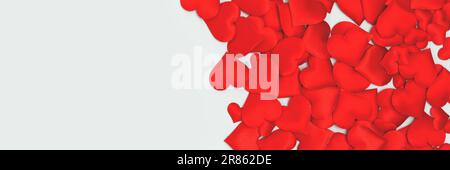 Banner with red hearts confetti on a blue background. Place for text. Stock Photo