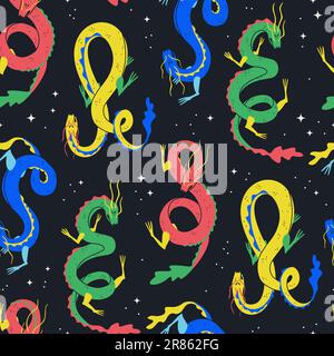 Seamless pattern with decorative Chinese dragons. Mythological creatures and sign of the Asian zodiac. Repeating elements on a black background for Stock Vector