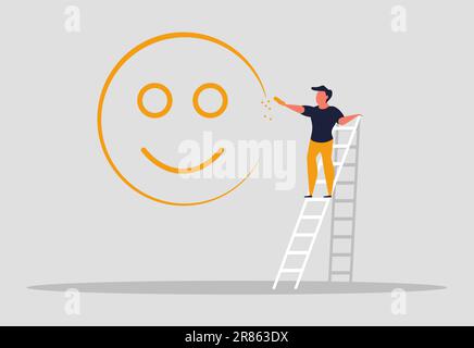 Positive thinking people. Happy and confident people. Optimism in life and life in joy. Happy man paints a smile on the wall. Vector illustration conc Stock Vector