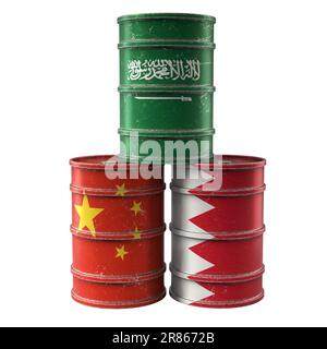 Old Oil Drums with Saudi Arabia, China and Bahrain national flags. 3D Rendering Stock Photo