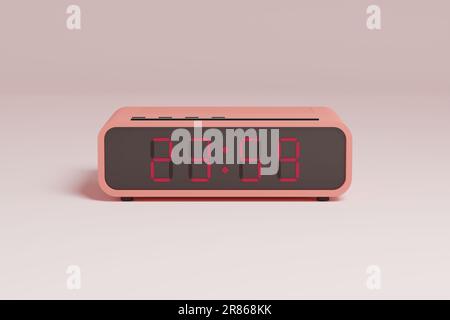 A modern vibrant pink digital clock showing the time 23:59 on a white surface Stock Photo