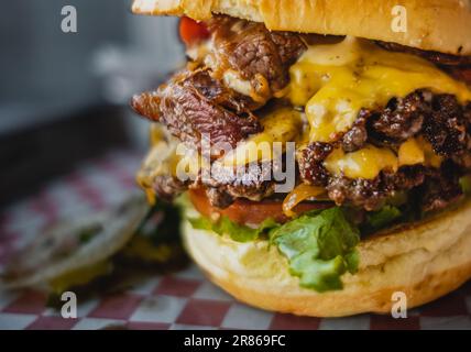 Junk food on table. Fast carbohydrates not good for health, heart and skin. unhealthy trans fat fried food. greasy unhealthy foods. copy space, select Stock Photo