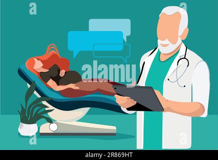 Pregnant woman visits her doctor, she is smiling and happy as everything is okay. Vector illustration Stock Vector