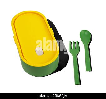 Food container and utensils, fork and spoon. Stock Photo