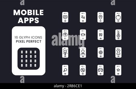 Mobile apps white solid desktop icons set Stock Vector