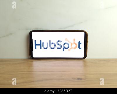 Konskie, Poland - June 17, 2023: HubSpot software company logo displayed on mobile phone screen Stock Photo