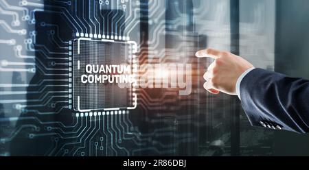 Quantum computing concept. The inscription on the processor icons. Clicking on the virtual screen Stock Photo