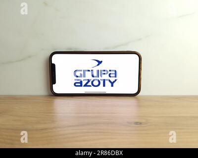 Konskie, Poland - June 17, 2023: Grupa Azoty Polish chemical company logo displayed on mobile phone screen Stock Photo