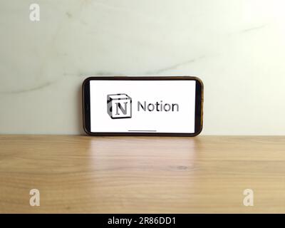 Konskie, Poland - June 17, 2023: Notion productivity software logo displayed on mobile phone screen Stock Photo