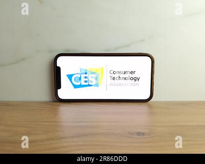 Konskie, Poland - June 17, 2023: CES Consumer Technology Association tech event logo displayed on mobile phone screen Stock Photo