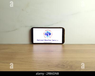 Konskie, Poland - June 17, 2023: NWS National Weather Service logo displayed on mobile phone screen Stock Photo