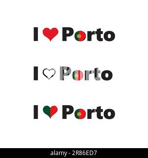Portugal city Porto horizontal banner. Lettering I love Porto with nacional portuguese flag and love heart. Vector template for your design. Stock Vector