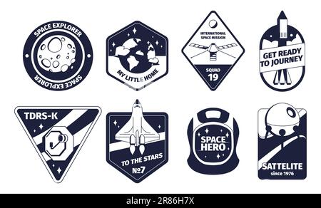 Vintage space emblem. Retro monochrome labels with galaxy rocket shuttle stars and planets, classic space symbols in premium quality stickers. Vector Stock Vector