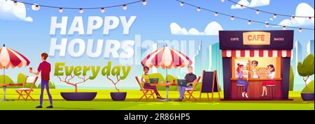 Happy hour in park street cafe vector illustration. Outdoor restaurant or cafeteria booth exterior in summer with people. City building landscape back Stock Vector