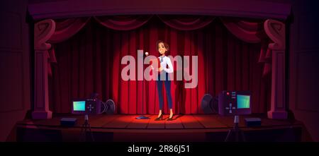 Female presenter smiling near microphone on stage. Vector cartoon illustration of pretty woman standing with folder in hand, camera recording video, t Stock Vector