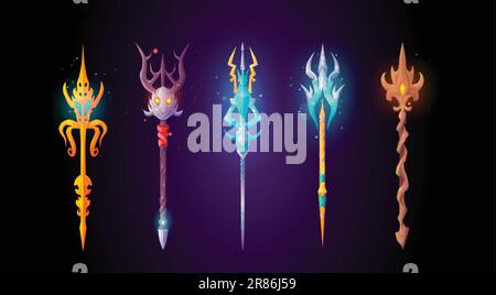 Magic staff icon. Devil trident and spear cartoon fantasy ui set. Gold mythology pitchfork for demon illustration. Magician blue neptune weapon with a Stock Vector