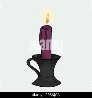 Vector illustration of a hand-drawn burning purple candle in a black candlestick Stock Vector
