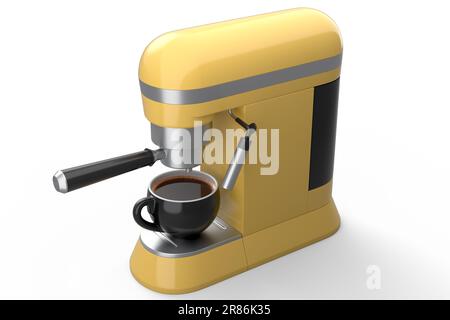 Espresso coffee machine with a horn and ceramic coffee cup on white background. Stock Photo