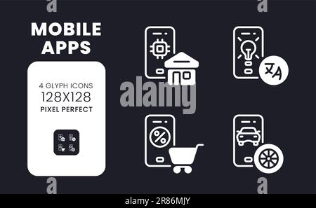 Mobile apps white solid desktop icons set Stock Vector