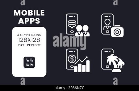 Mobile apps white solid desktop icons set Stock Vector