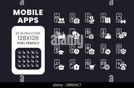 Mobile apps white solid desktop icons set Stock Vector