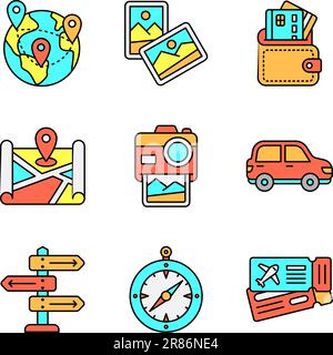 Tourism and Travel Icons Set in Colored Line Style Stock Vector